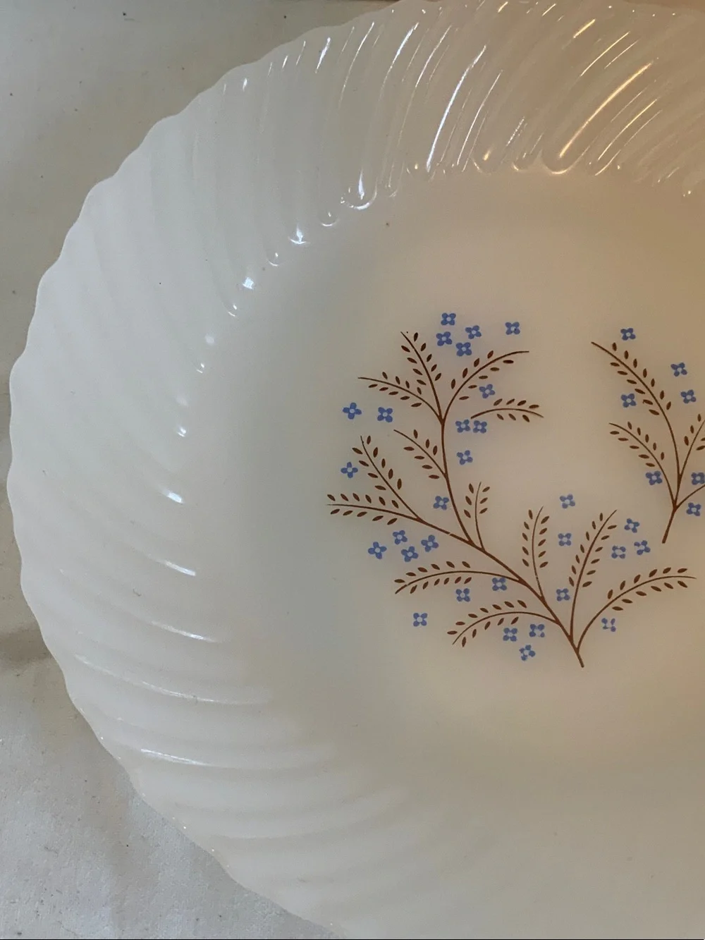 White Floral Milk Glass Serving Bowl with Blue Accent